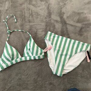 NWT Victoria's Secret Swimsuit Bikini Essential Halter Top Green Stripe MEDIUM